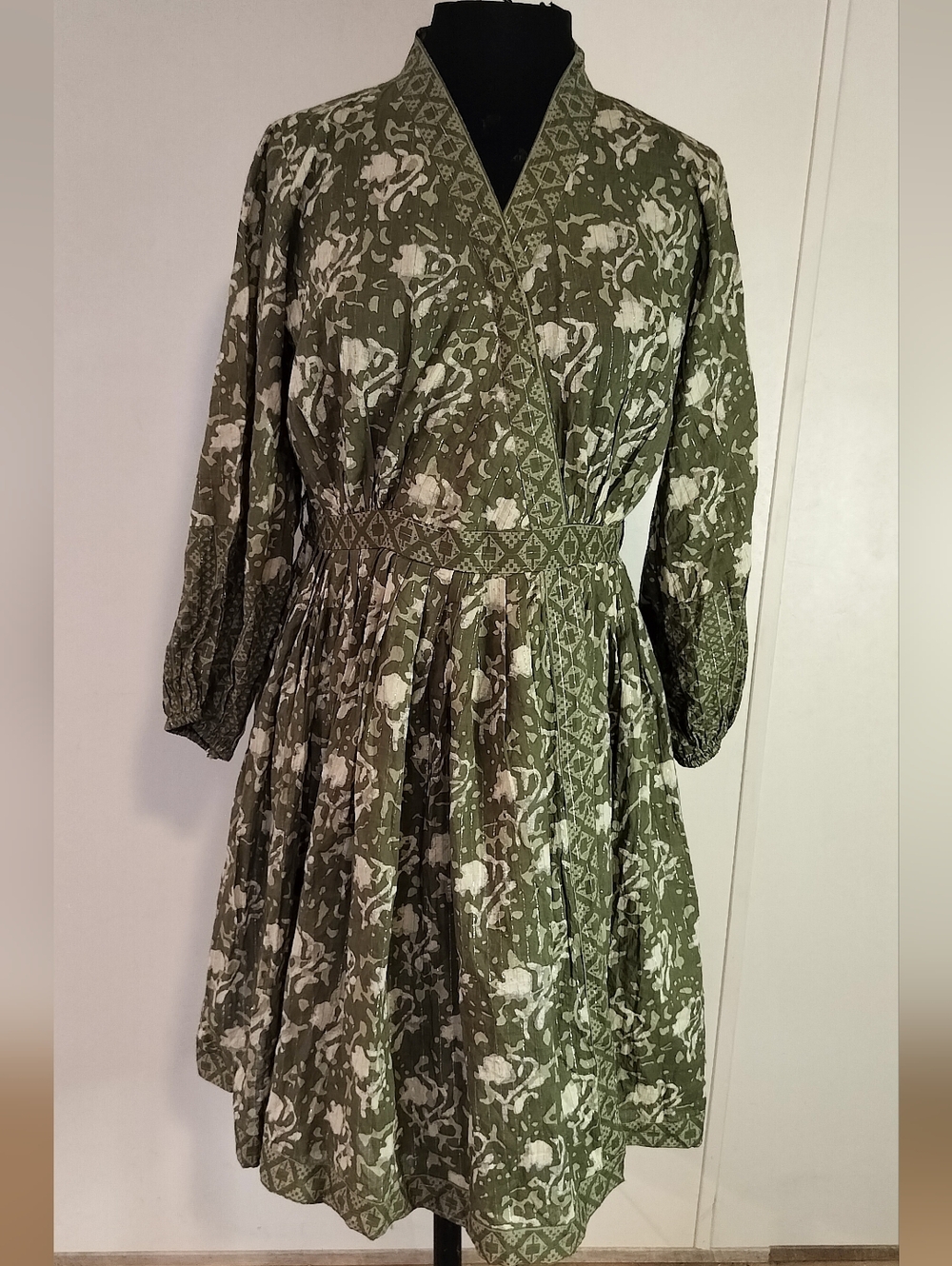 Olive Green Floral Wrap Dress with Smocked Waist